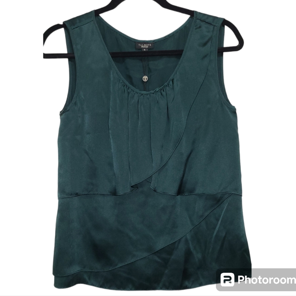 TALBOTS Silk Blouse Tank‎ Top Size 6 Emerald Green NWT Petite Ruffle